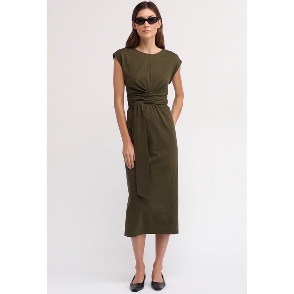 Modern Citizen Fei Dark Olive Wrap Tie Waist Midi Dress XL